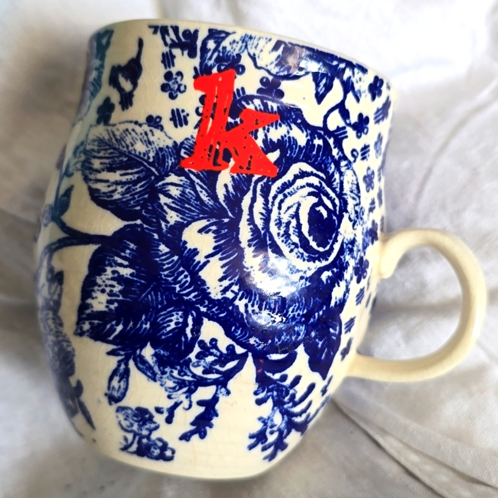 Anthro Homegrown Monogram Blue Floral Coffee Tea De Chine Mug Bird Initial: K